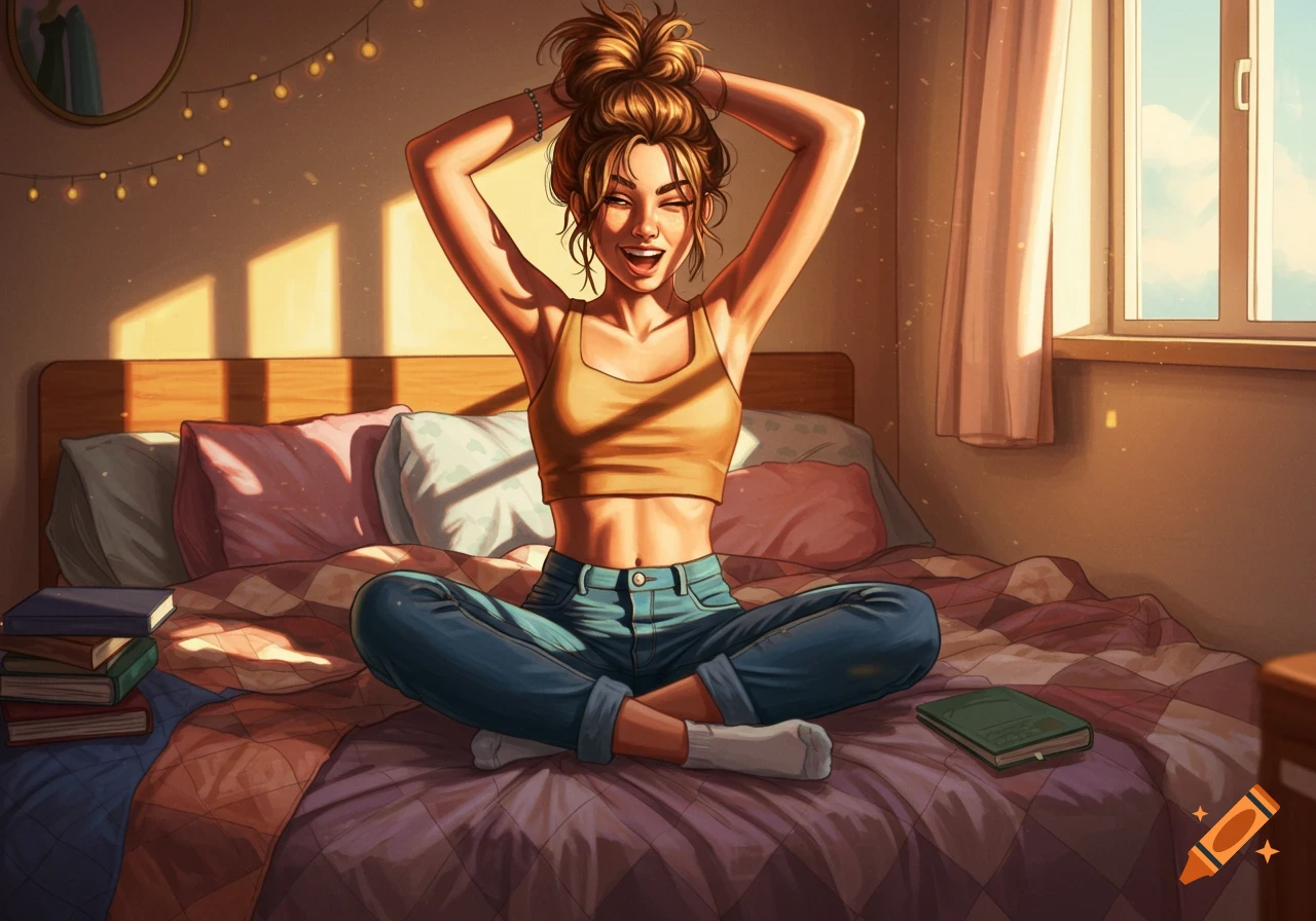 An illustrated young woman with a messy bun, crop top, and jeans sits cross-legged on a bed in a sunlit bedroom.