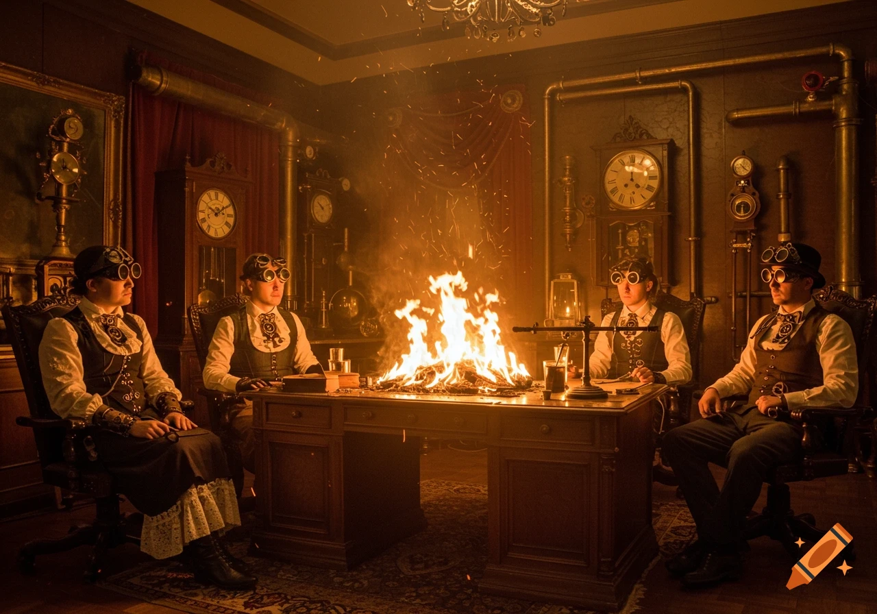 Four people in steampunk attire sit around a desk with a large fire burning on it in an ornate, dark room filled with clocks and pipes.