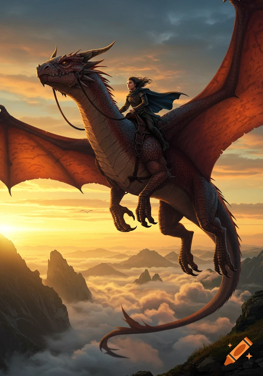 A person in a dark cloak rides a red dragon flying over cloud-filled mountain peaks at sunset, in a fantasy art style.