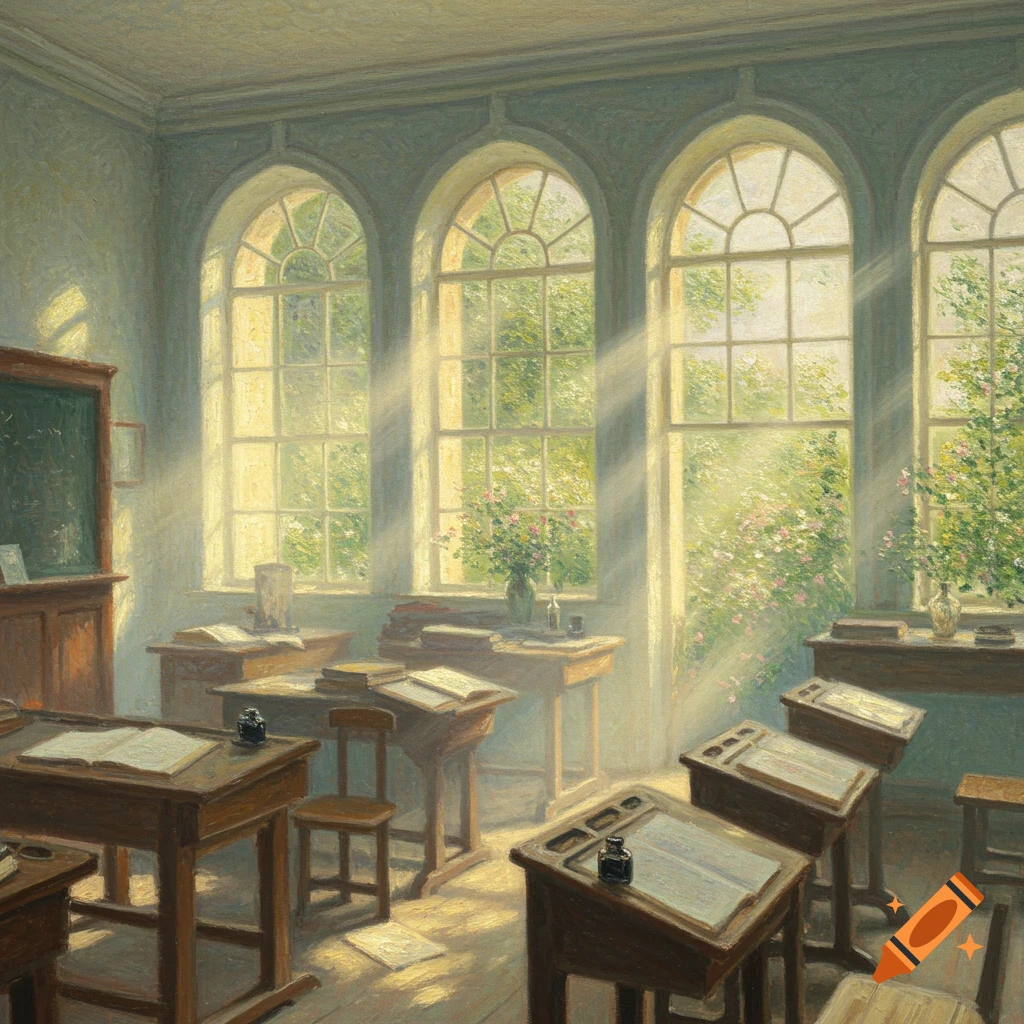 An impressionistic painting of an empty schoolroom with sunlight streaming through arched windows onto wooden desks.