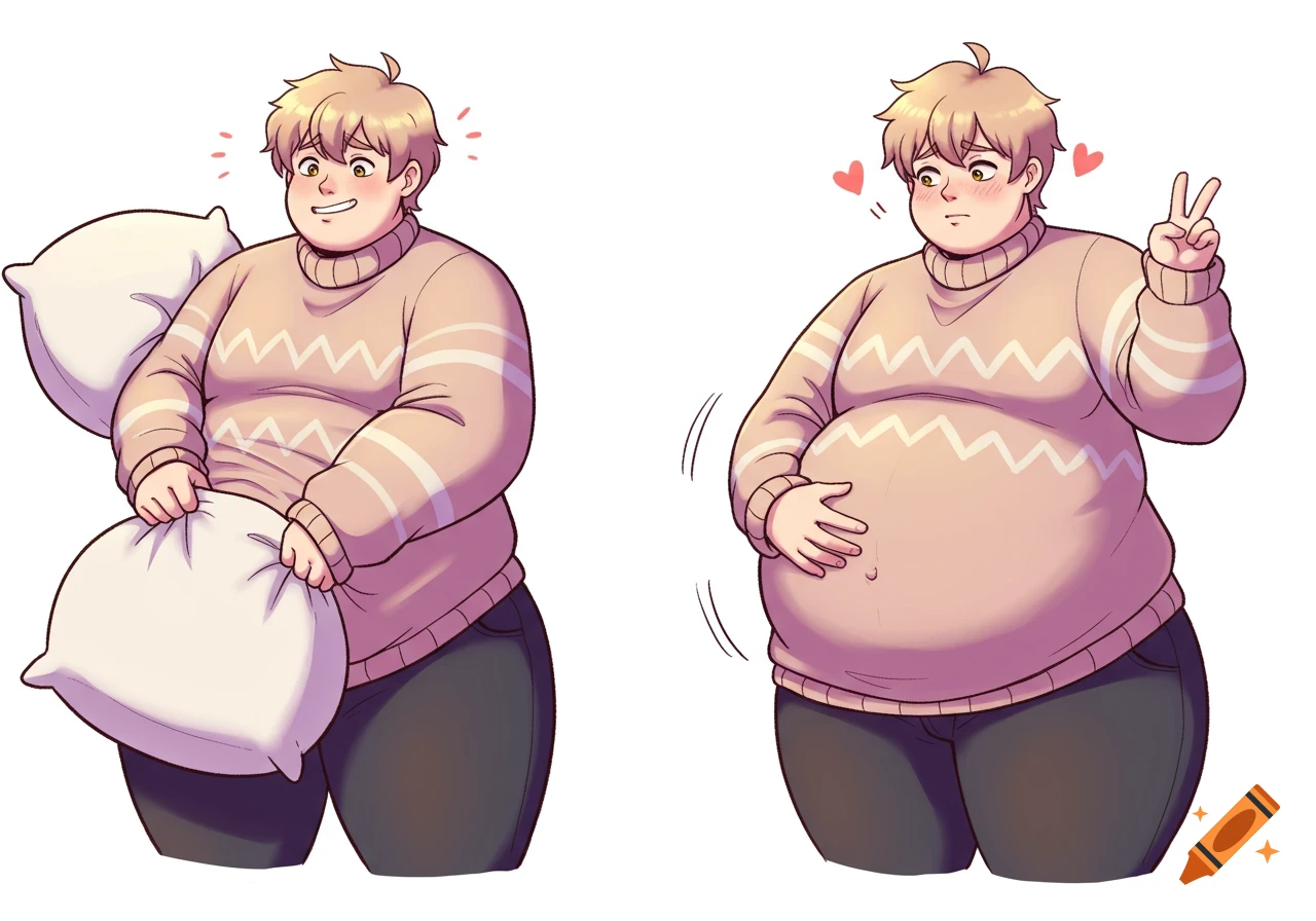 A two-panel comic of a blushing anime character. In the first, they stuff pillows into a sweater. In the second, they rub a rounded belly.