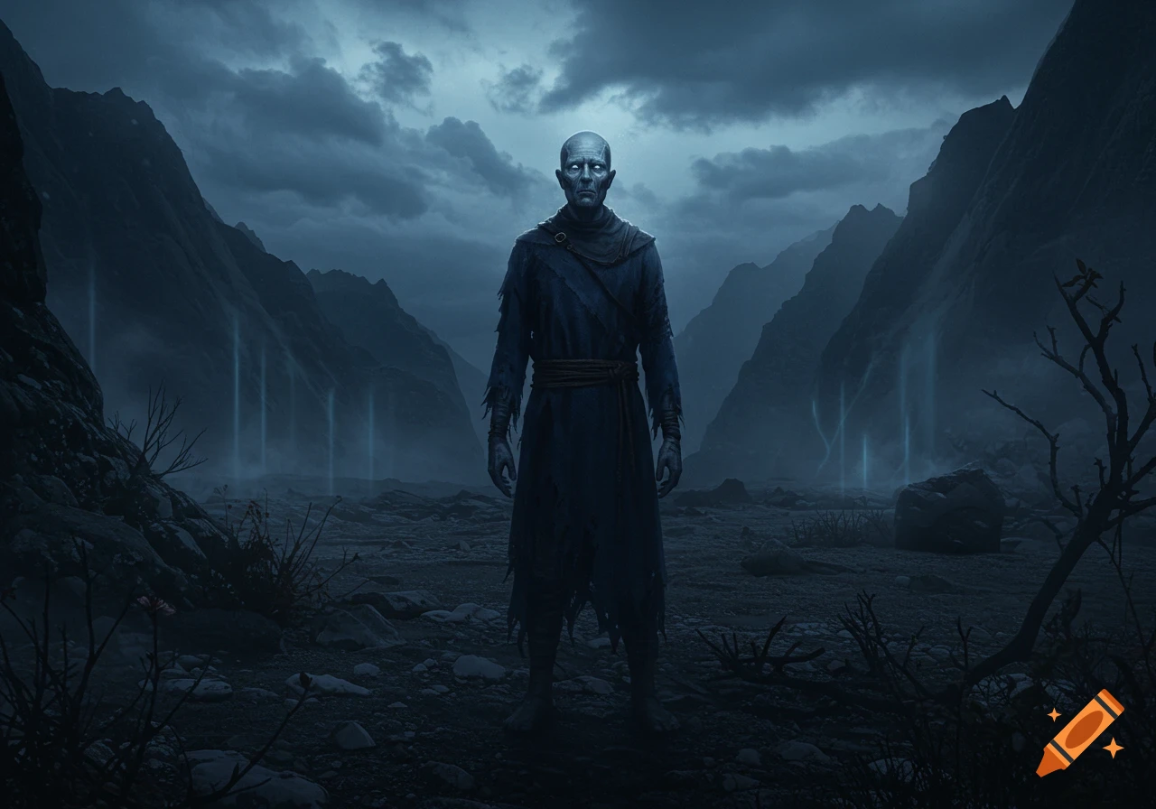 A bald, pale-skinned man in dark, tattered robes stands in a desolate, rocky mountain valley under a cloudy blue sky with ethereal light beams.