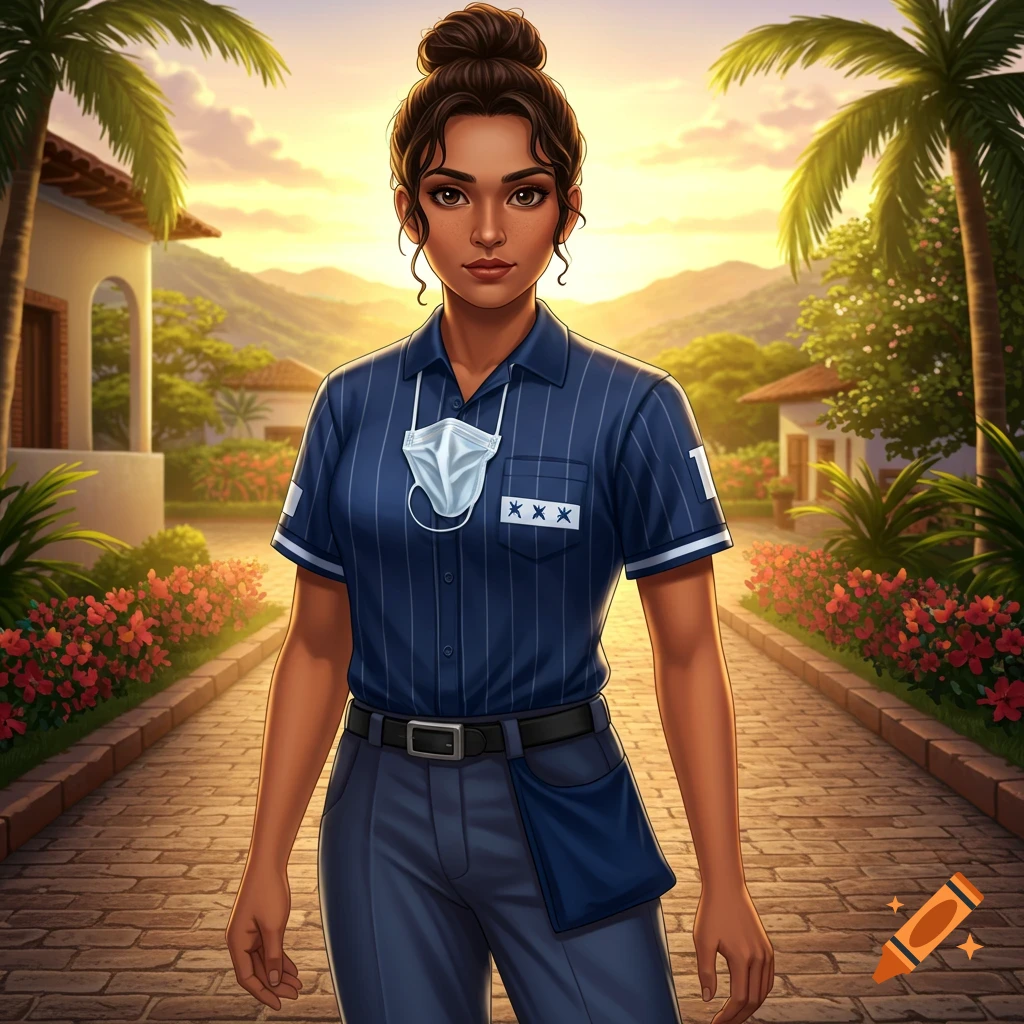 A stylized illustration of a woman with dark hair in a bun, wearing a blue pinstriped uniform shirt, blue pants, and a face mask hanging from her neck, standing on a stone path in a tropical village at sunset.