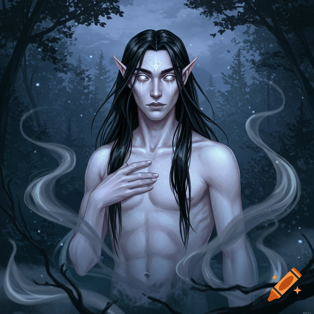 A dark-haired, pale-skinned half-elf with silver eyes and elven ears stands shirtless in a dark forest, a hand on his chest. Wisps of white mist surround him.
