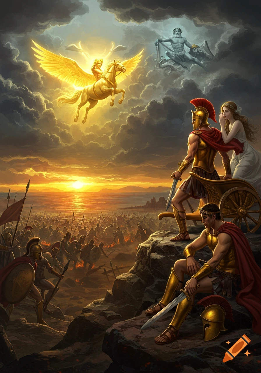 Epic fantasy painting of an ancient battle at sunset. Greek warriors observe from a cliff as a shining Pegasus and gods appear in the clouds above a vast army.