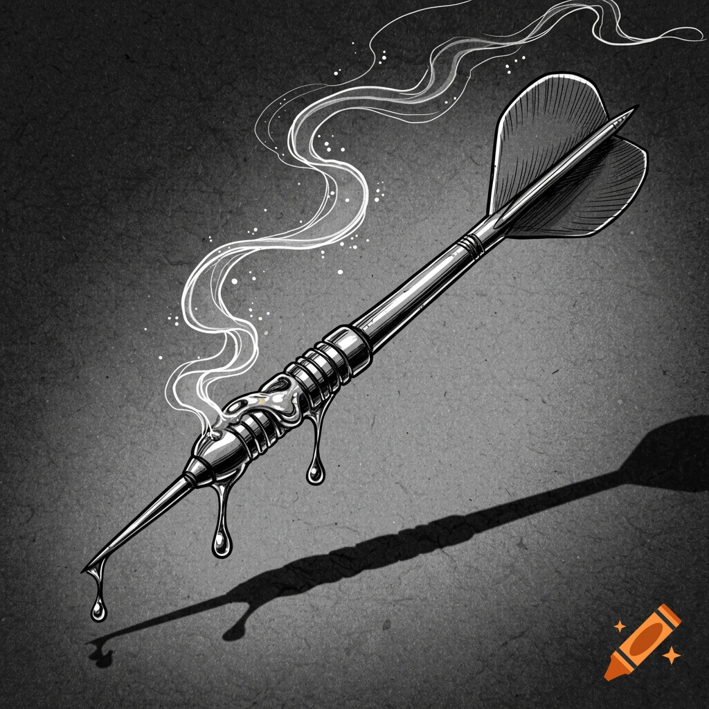 A stylized black and white illustration of a dart with a skull design, dripping liquid, and wisps of smoke against a dark background.