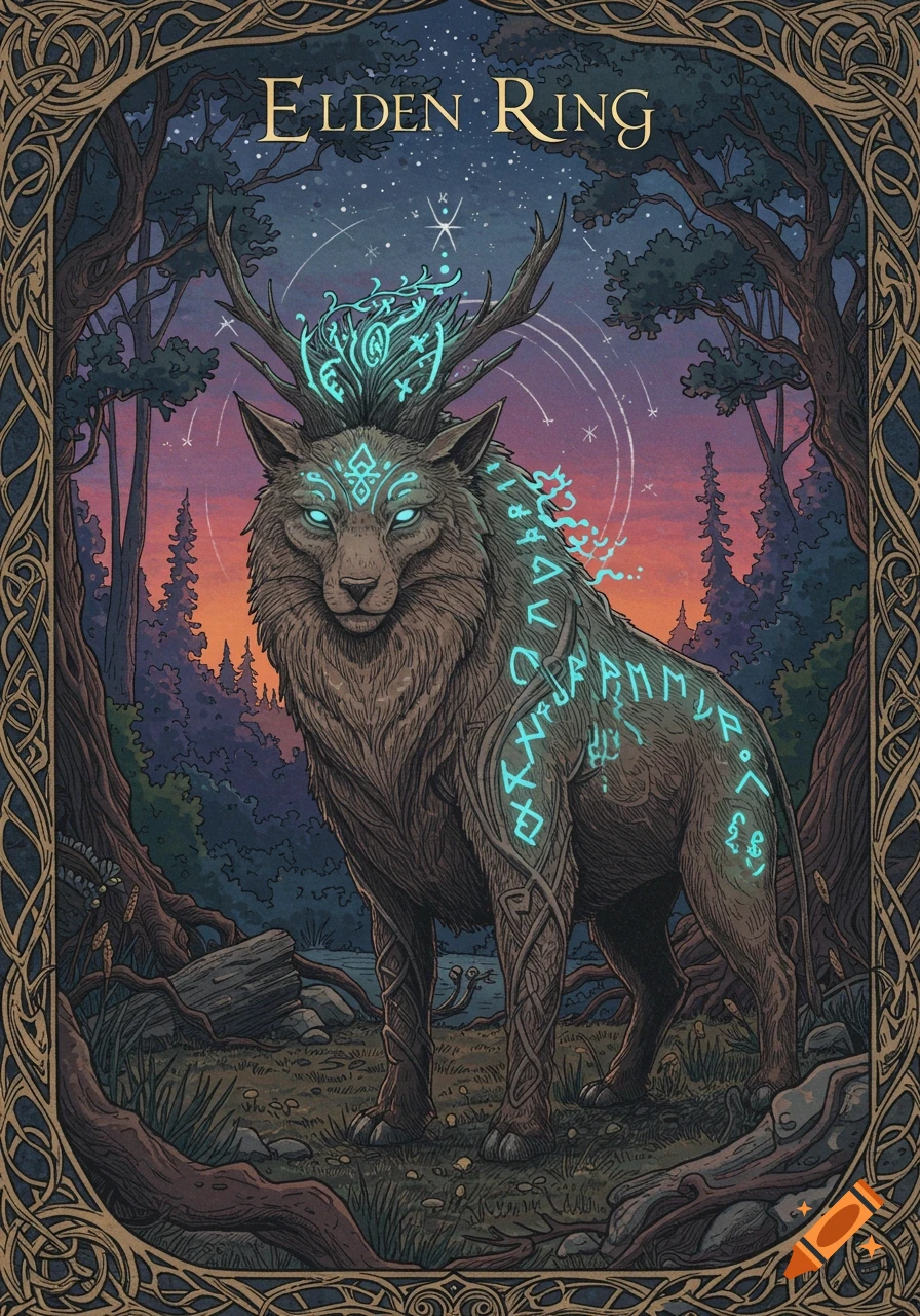 A hand-drawn style illustration of a majestic wolf-like creature with antlers and glowing blue runes on its fur, standing in a dark forest under a starry sky. "Elden Ring" is written at the top.