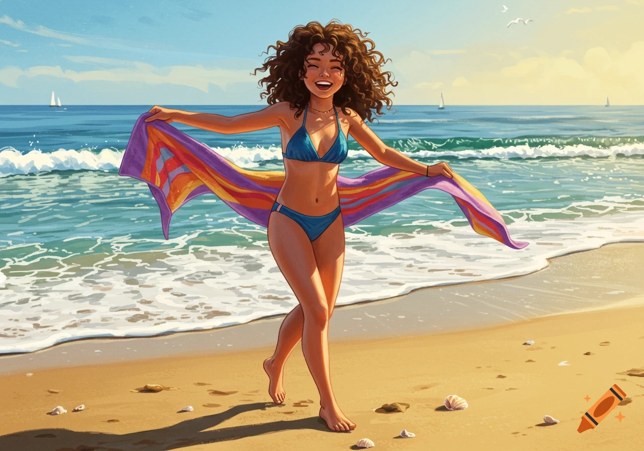 A smiling woman with curly brown hair in a blue bikini walks along a sunny beach, holding a colorful towel behind her.