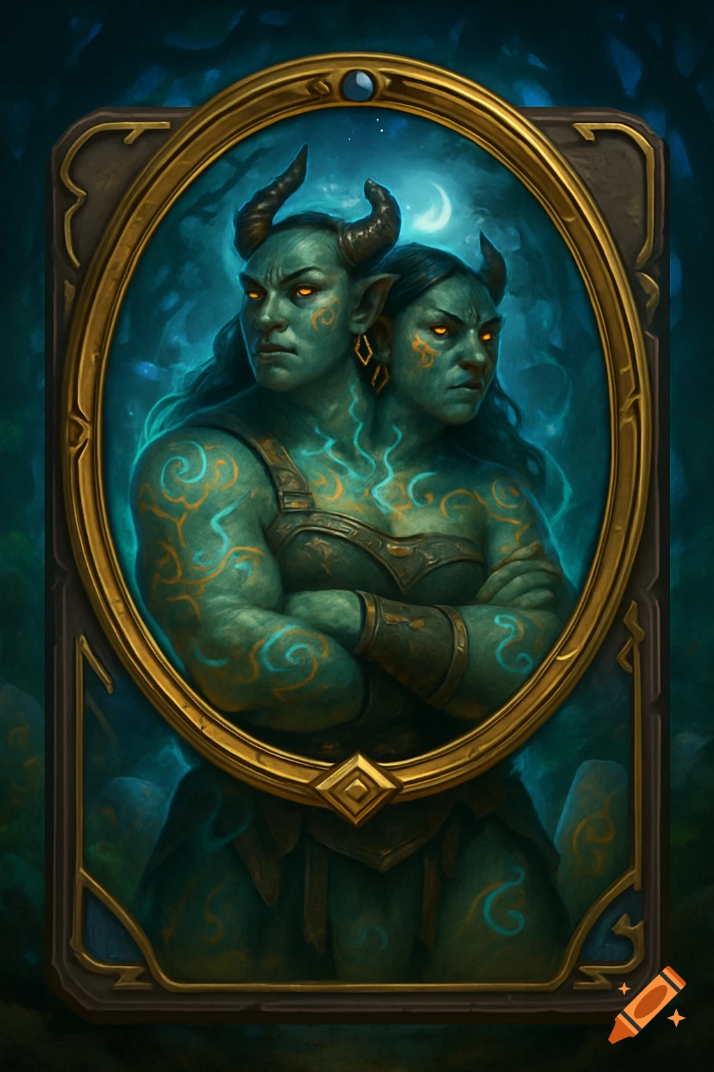 A two-headed green-skinned female ettin with orange eyes and horns, depicted in a golden fantasy card frame.