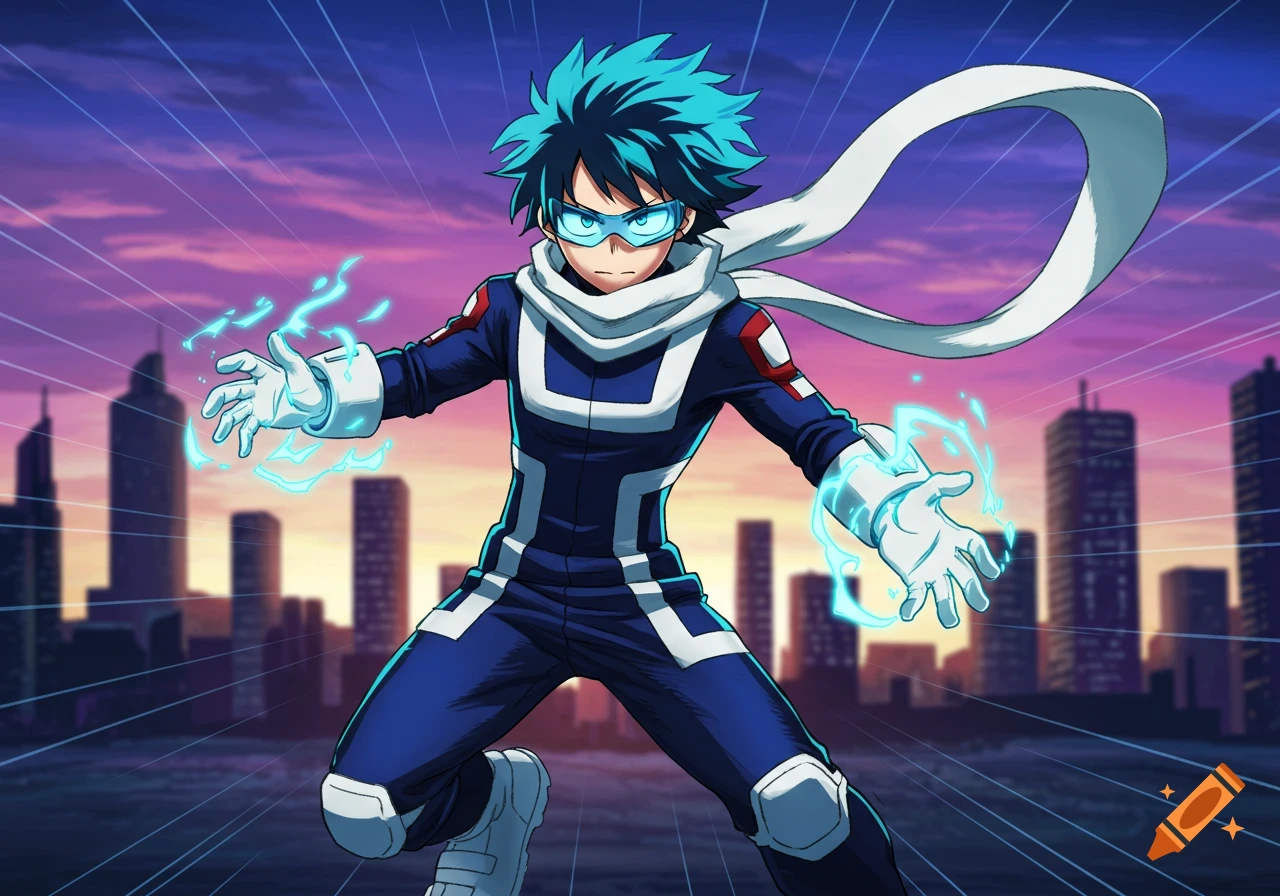 Anime-style superhero with teal hair and a blue visor, wearing a blue and white jumpsuit and a white scarf, with glowing blue energy around his hands, against a cityscape at sunset.
