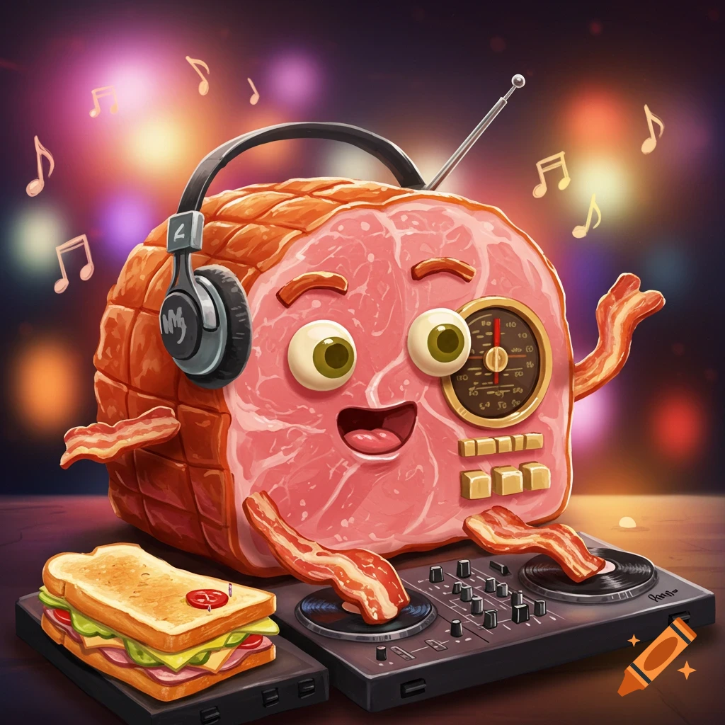 A cartoon ham roast character with headphones and bacon arms acts as a DJ on turntables, with a sandwich nearby, in a vibrant, musical setting.