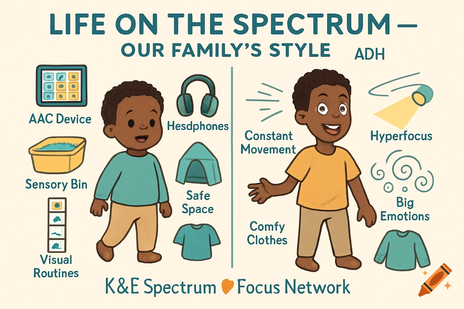 A colorful infographic titled 'LIFE ON THE SPECTRUM – OUR FAMILY’S STYLE' depicts two cartoon boys and various items. The left side features a boy with items like 'AAC Device', 'Hedsphones', 'Sensory Bin', 'Safe Space', 'Visual Routines', and 'Comfy Clothes'. The right side shows a boy with 'Constant Movement', 'Hyperfocus', 'Big Emotions', and 'Comfy Clothes'. The bottom reads 'K&E Spectrum ❤️ Focus Network'.