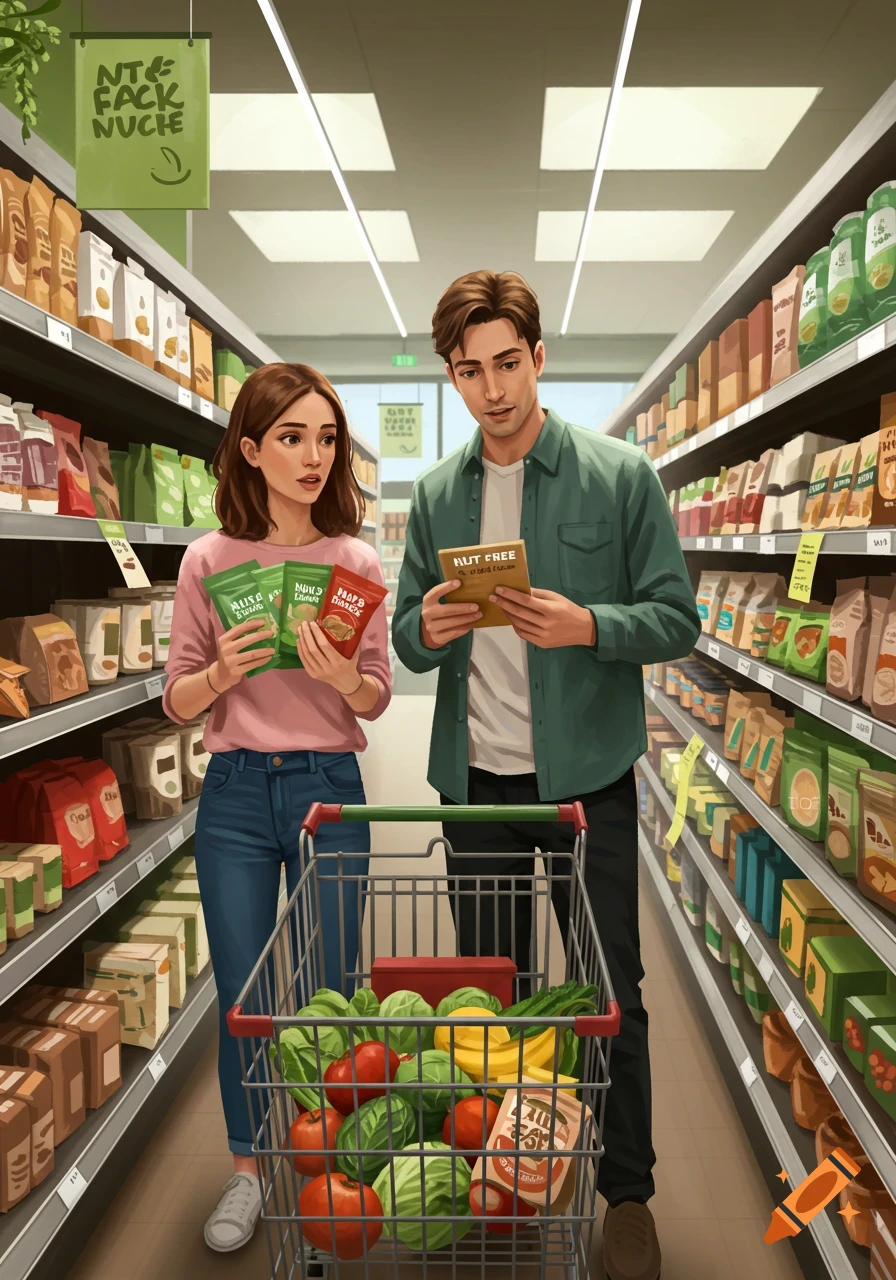 A man and a woman shop for groceries in a brightly lit supermarket aisle, looking at products. Their shopping cart is full of fresh produce.