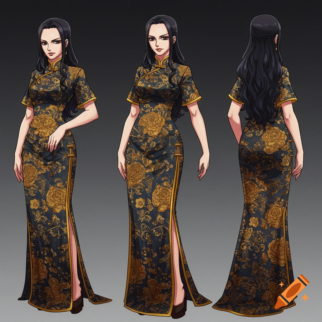 Anime-style model sheet of a woman with long dark hair and eyes, wearing a black Qing dynasty dress with gold floral embroidery, shown from front, side, and back views.