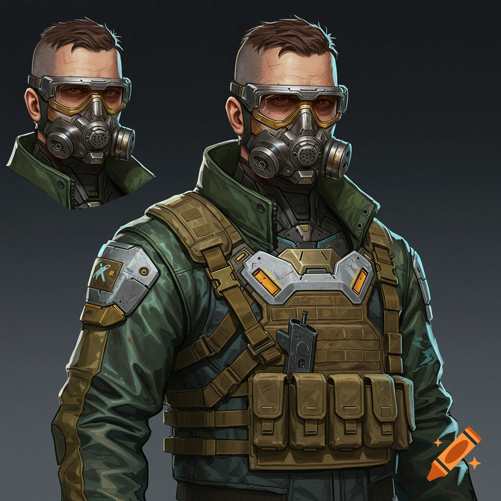 A detailed character design of a man wearing a futuristic gas mask, goggles, green jacket, and tactical vest, in a game art style.