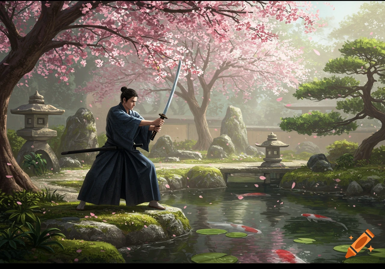 A man in traditional Japanese attire practices with a katana in a beautiful cherry blossom garden with a koi pond.