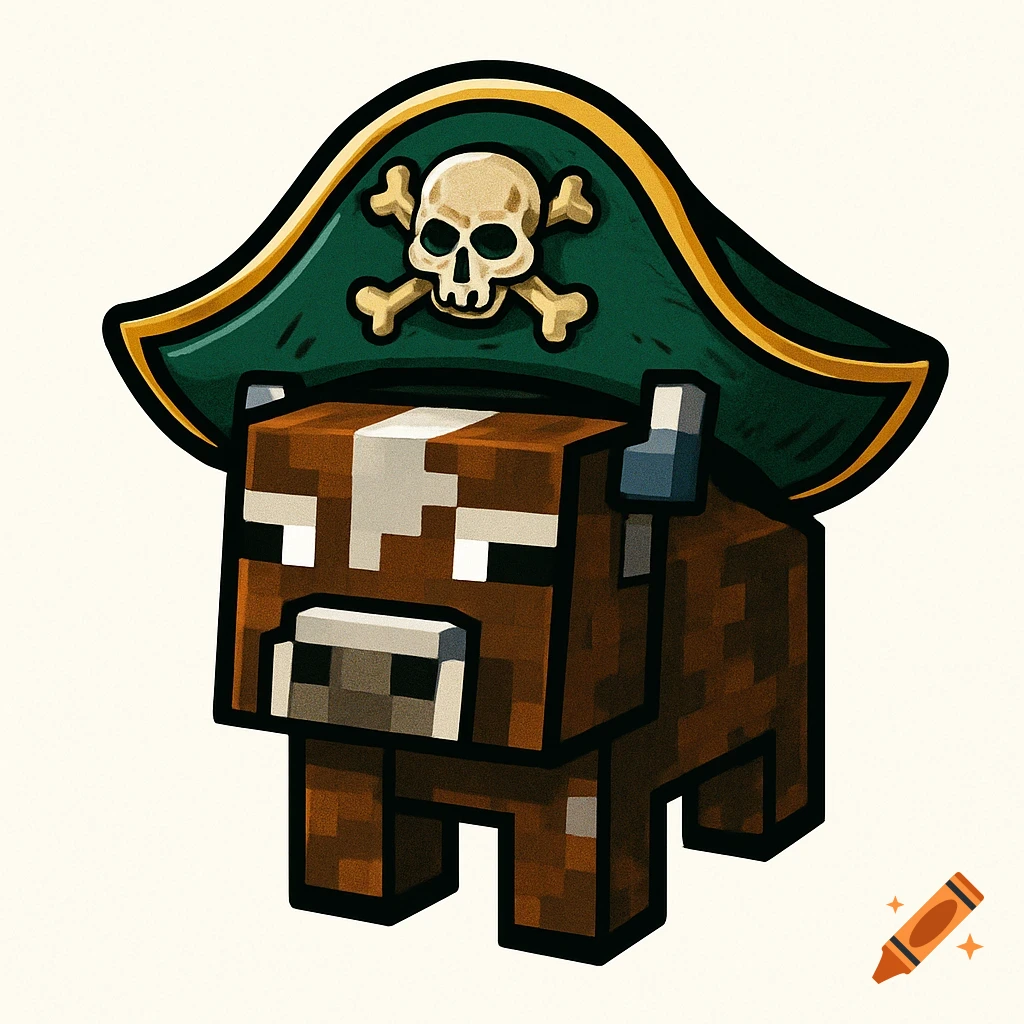 A pixelated Minecraft-style brown and white cow wearing a green pirate hat with a skull and crossbones.