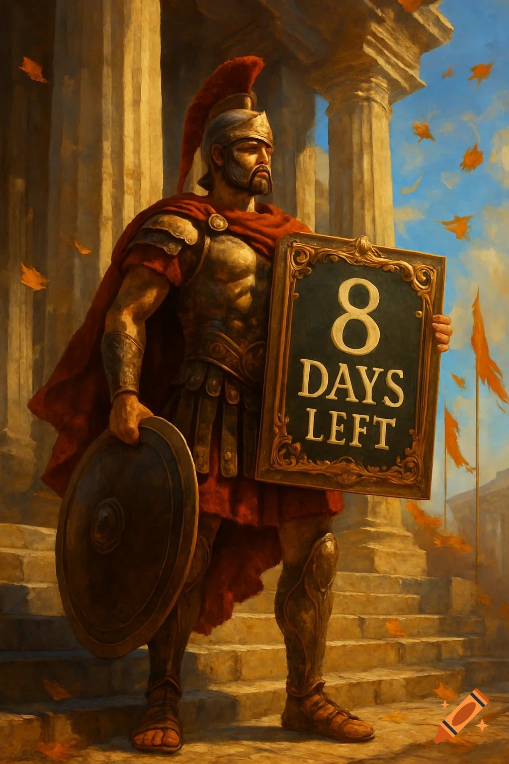 A painted image of a Roman soldier in armor and red cape holding a shield and a sign saying "8 DAYS LEFT" in front of ancient columns.