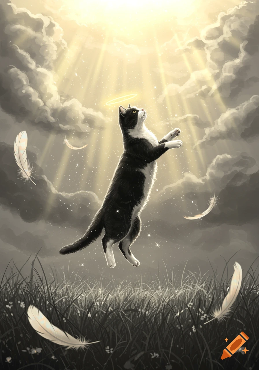 A black and white cat ascends into a heavenly sky with light rays and clouds, surrounded by floating feathers.
