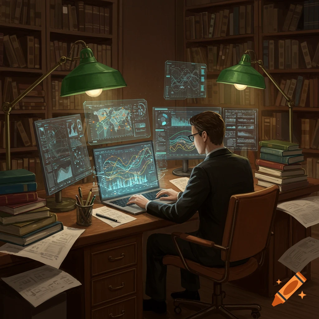 A man in a suit sits at a desk in a dimly lit library, working on a laptop surrounded by multiple holographic screens displaying charts and data.