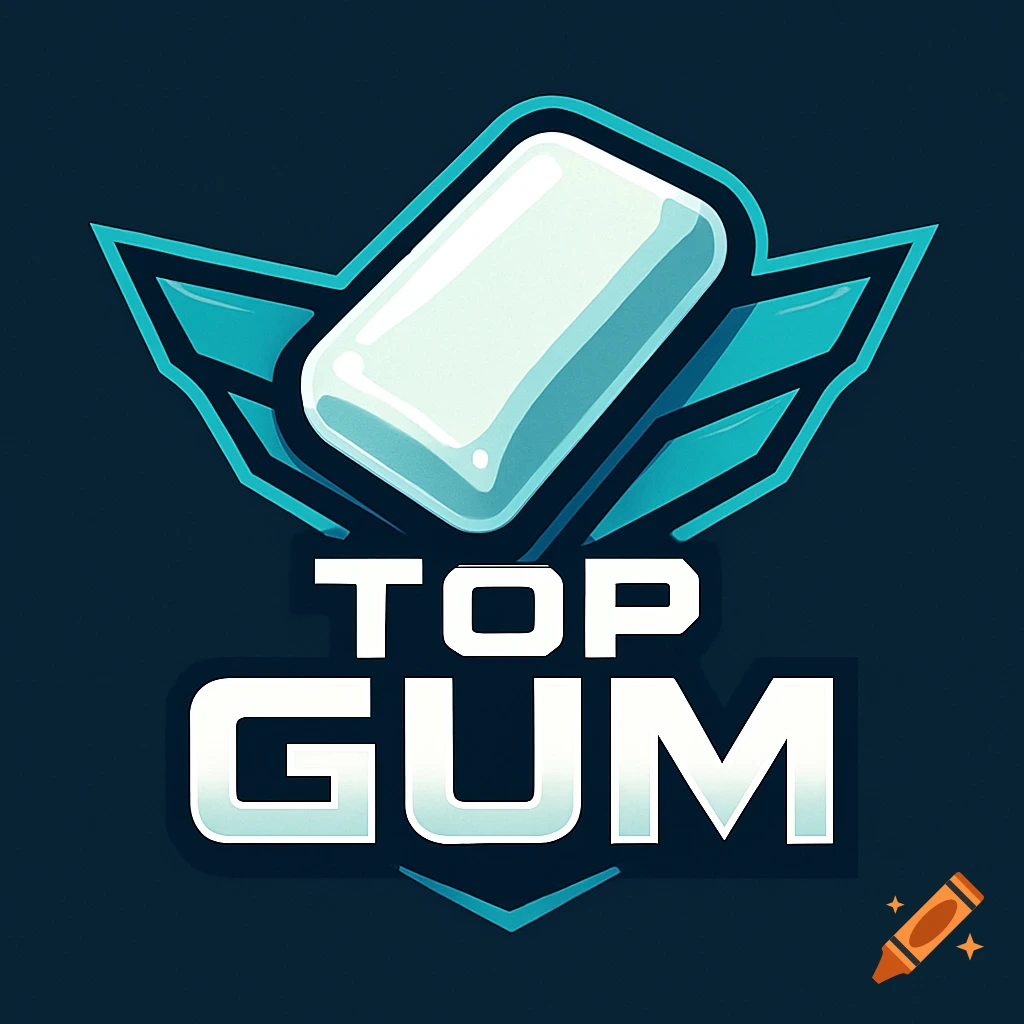 A logo featuring a white stick of gum above the words "TOP GUM" in bold white letters, with a light blue wing-like design on a dark teal background.