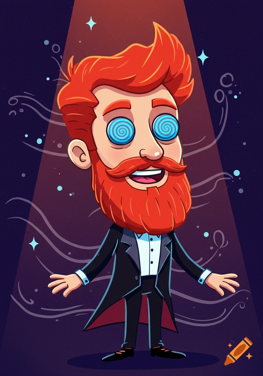 A cartoon male hypnotist with red hair and beard, spiraly blue eyes, wearing a tuxedo, stands in a spotlight with magical wisps.