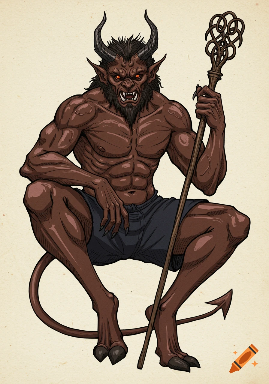 A muscular, dark-skinned demon with horns and glowing red eyes crouches, holding a staff, wearing dark shorts, with hooved feet and a tail, in a stylized illustration.