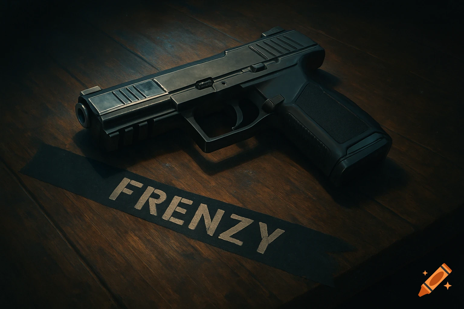 A dark, photorealistic image of a handgun resting on a wooden table, with a black tape label reading "FRENZY".