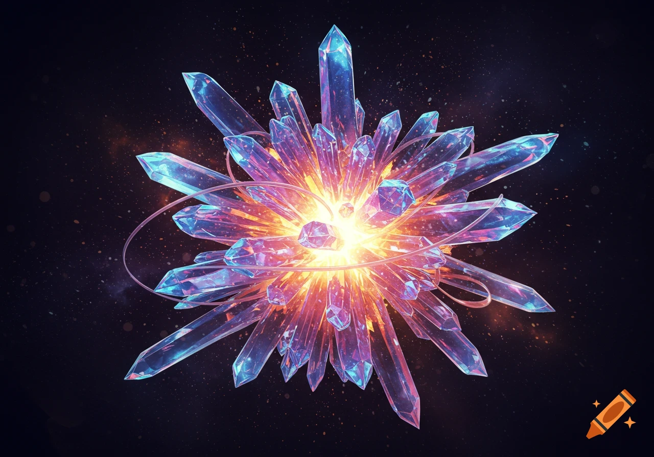 Vibrant burst of glowing, multi-faceted blue, purple, and orange crystals against a dark, starry background.