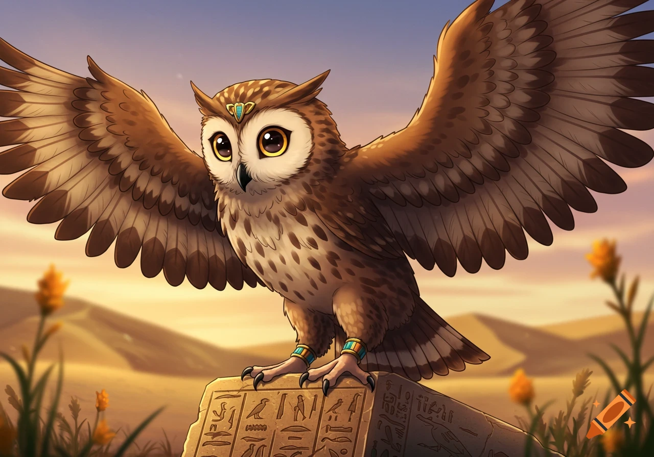 Anime-style owl with outstretched wings, adorned with Egyptian jewelry, standing on a hieroglyphic stone in a desert sunset.