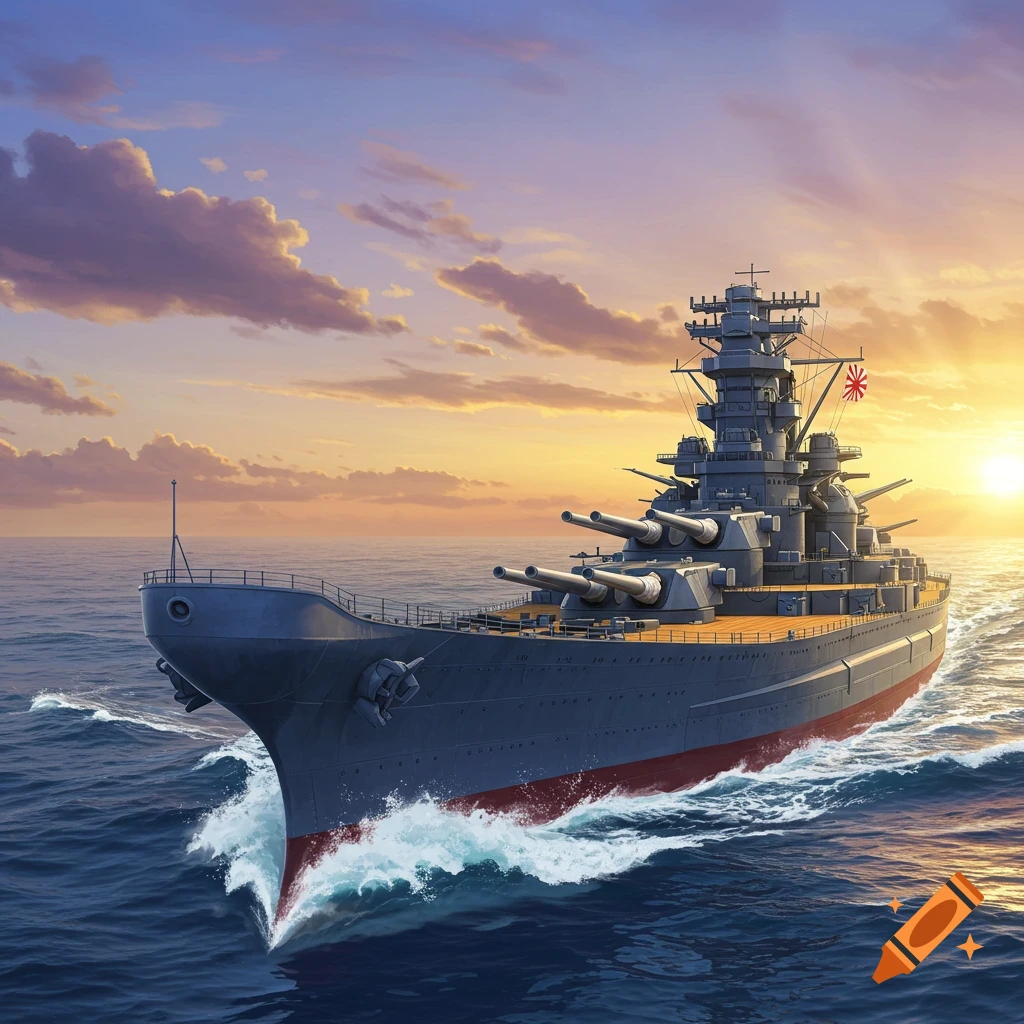 A majestic battleship with a Rising Sun flag sails on a calm ocean at sunset, leaving a wake.
