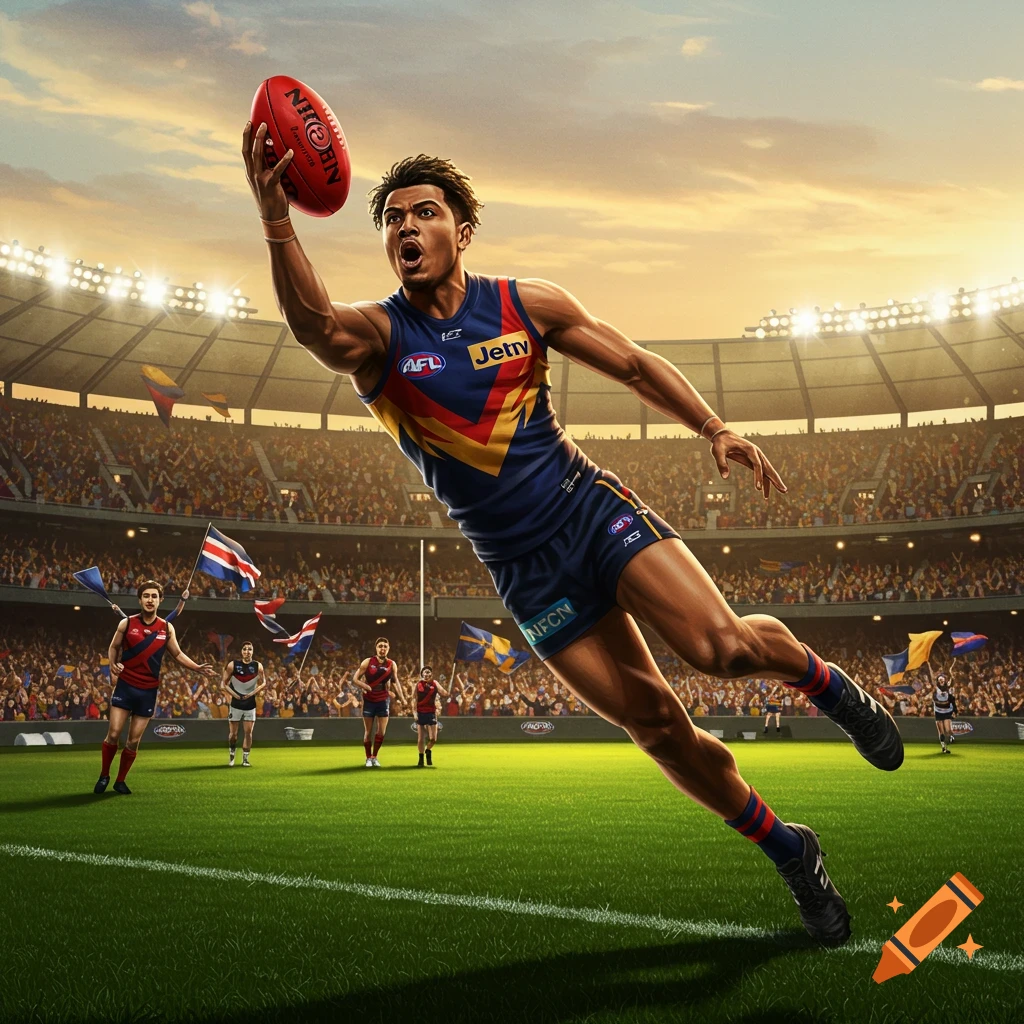 An AFL player leaps to catch a football in a stadium filled with cheering fans under a dramatic sky.