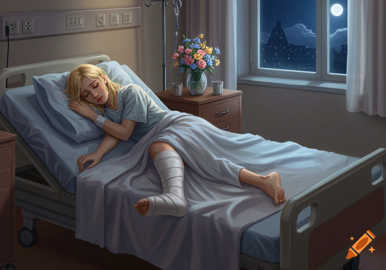 A young blonde woman sleeps in a hospital bed with her leg in a cast, a nightstand with flowers, and a moonlit city view. Illustrated.