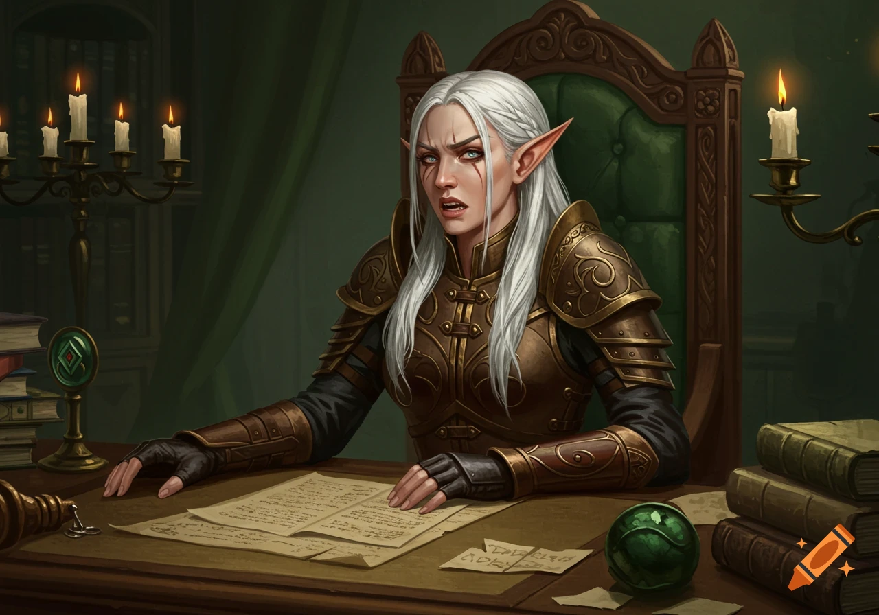 A white-haired elf woman in gold armor with a frustrated expression sits at a desk with papers and candles.