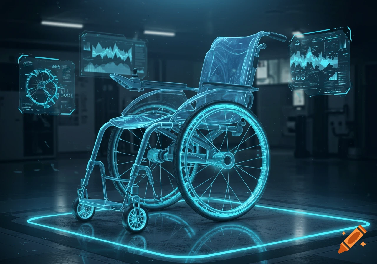 A futuristic, translucent blue wheelchair is illuminated by glowing lines on a dark floor with holographic displays showing data in a high-tech setting.