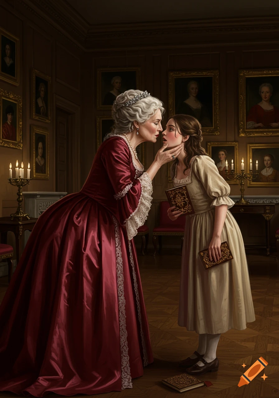 An older woman in a red gown with a crown leans close to a younger woman in a plain dress, touching her chin in a candlelit manor hall.
