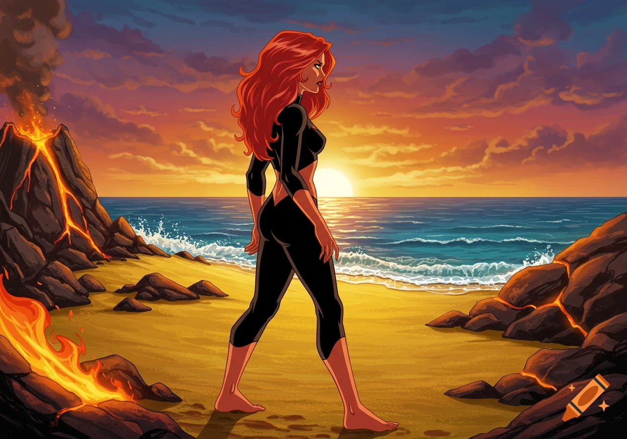 Red-haired woman in a black suit walks on a sandy beach at sunset, with an erupting volcano and ocean in a cartoon art style.
