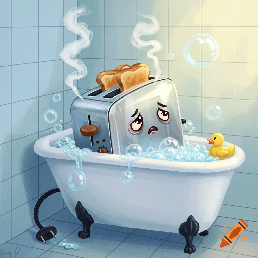 A sad, anthropomorphic toaster with two slices of toast sits in a bubbly bathtub with a rubber duck, steam rising.