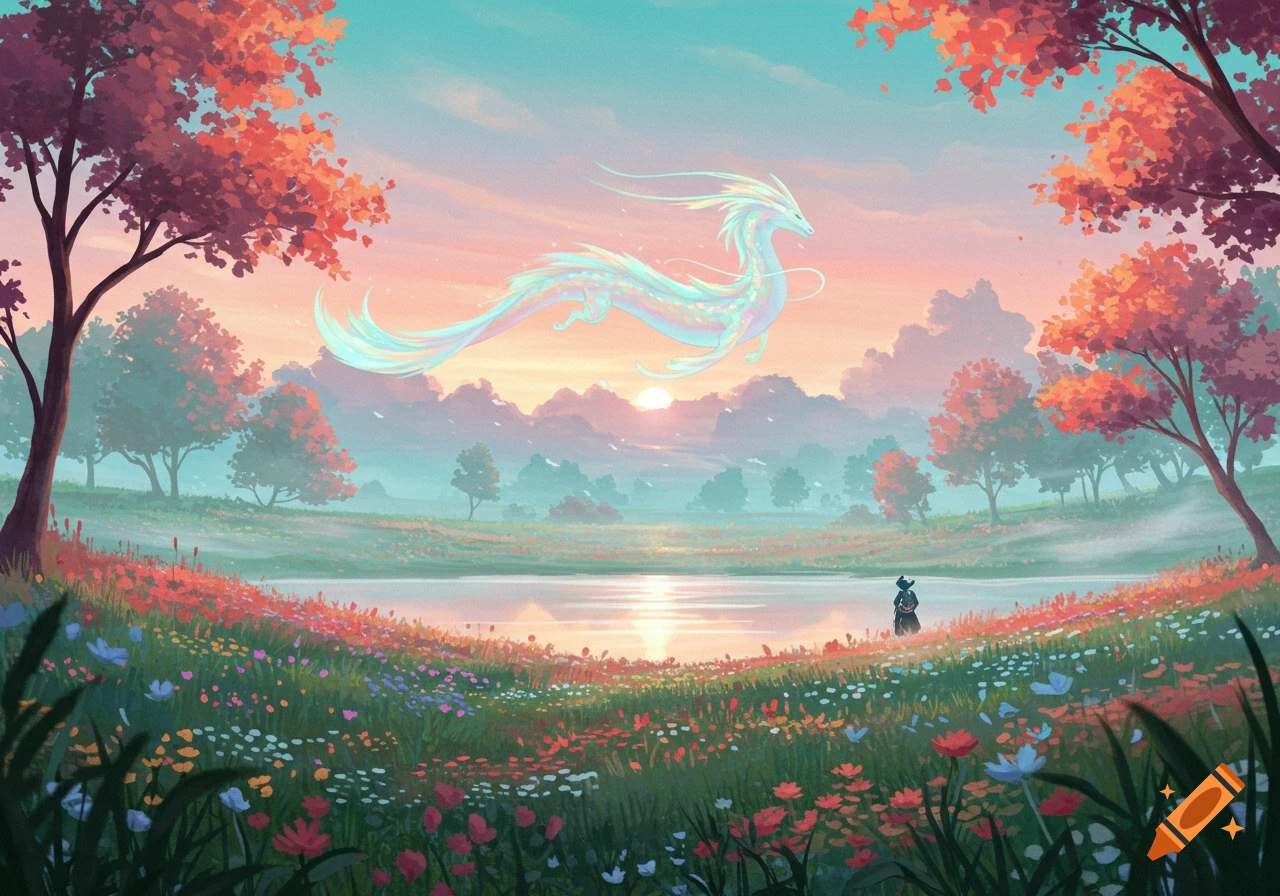 Ethereal dragon flies over a vibrant flower meadow and serene lake at sunset, with a lone figure by the water, in a dreamy digital art style.