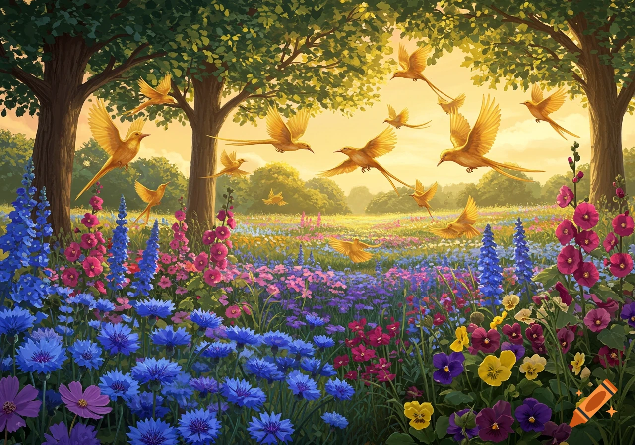 A vibrant garden full of blue, pink, and purple flowers with golden birds flying over a meadow and between trees.
