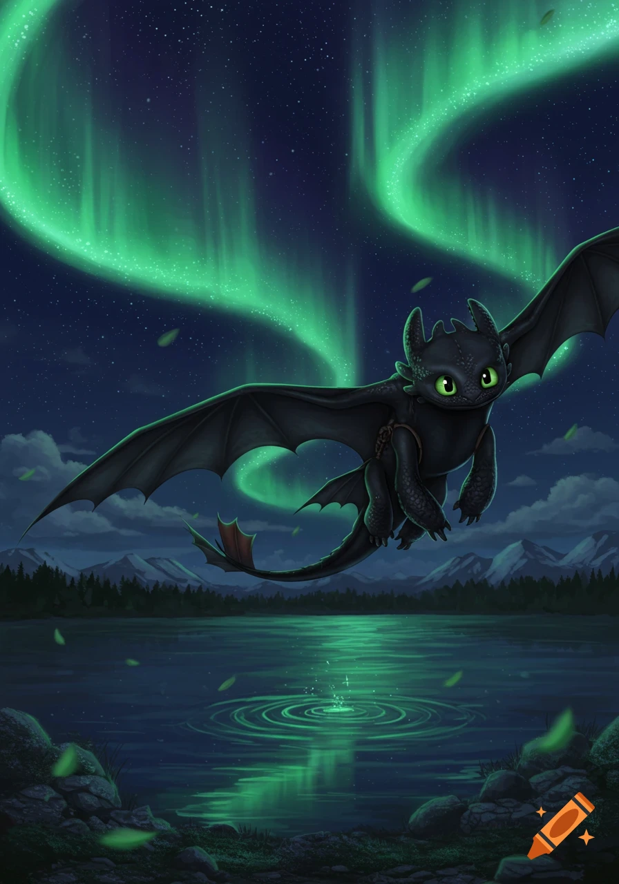 Toothless the dragon flies under green aurora borealis over a dark lake at night.