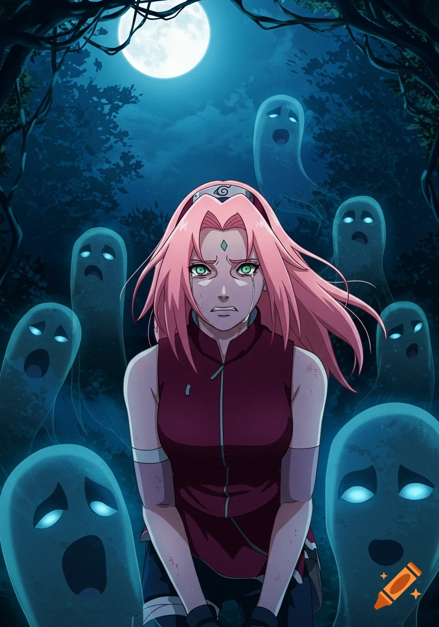 A crying anime girl with pink hair, Sakura Haruno, stands in a dark forest under a full moon, surrounded by many pale blue ghosts.