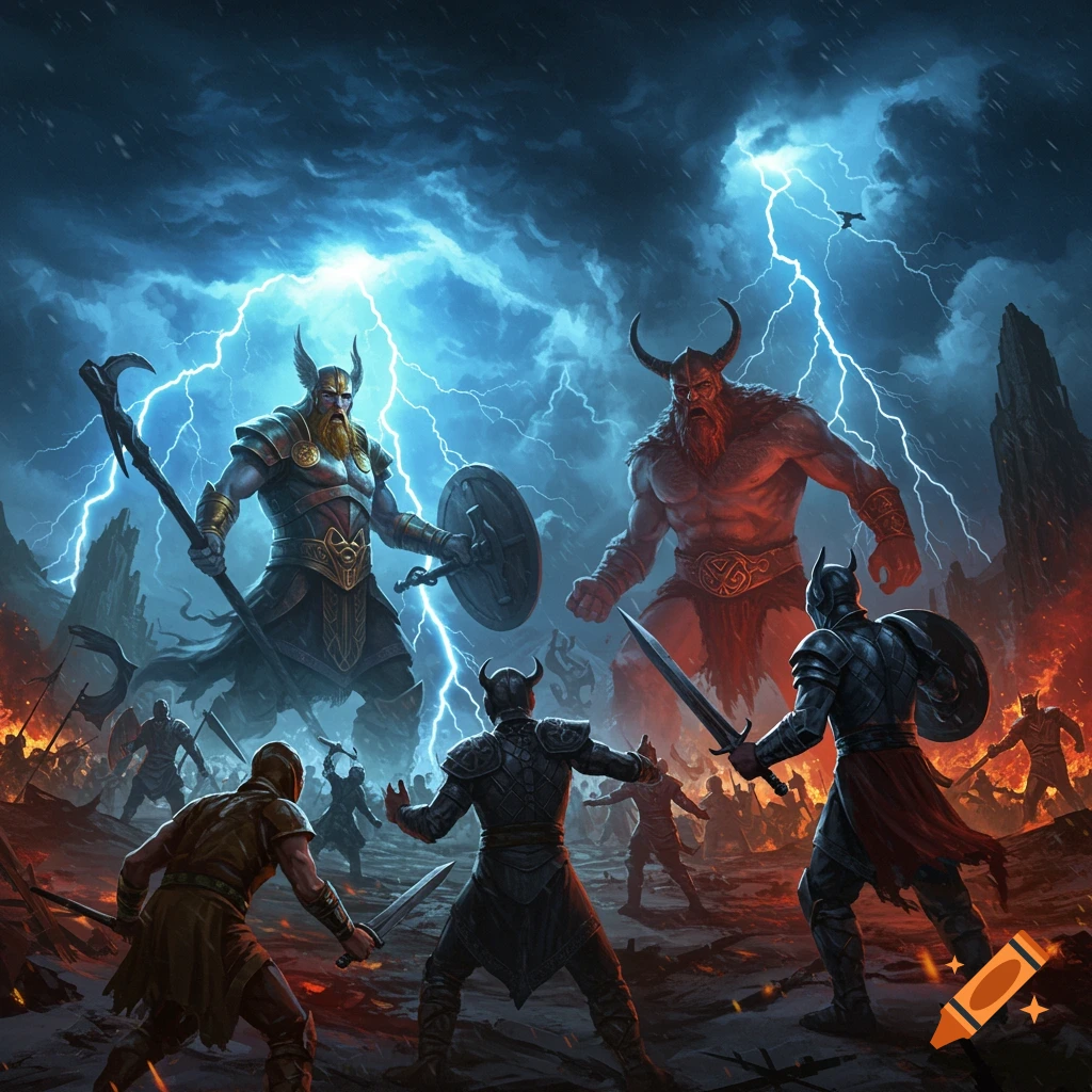 Epic fantasy illustration of a battle between god-like warriors and a horned giant under a stormy, lightning-filled sky.