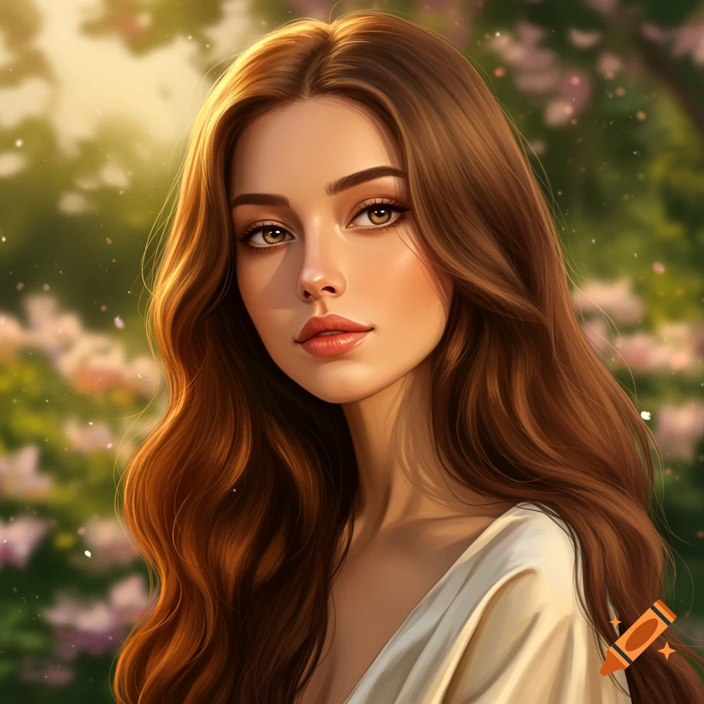 A beautiful woman with long brown hair and golden eyes looks forward in a serene outdoor setting with soft light.