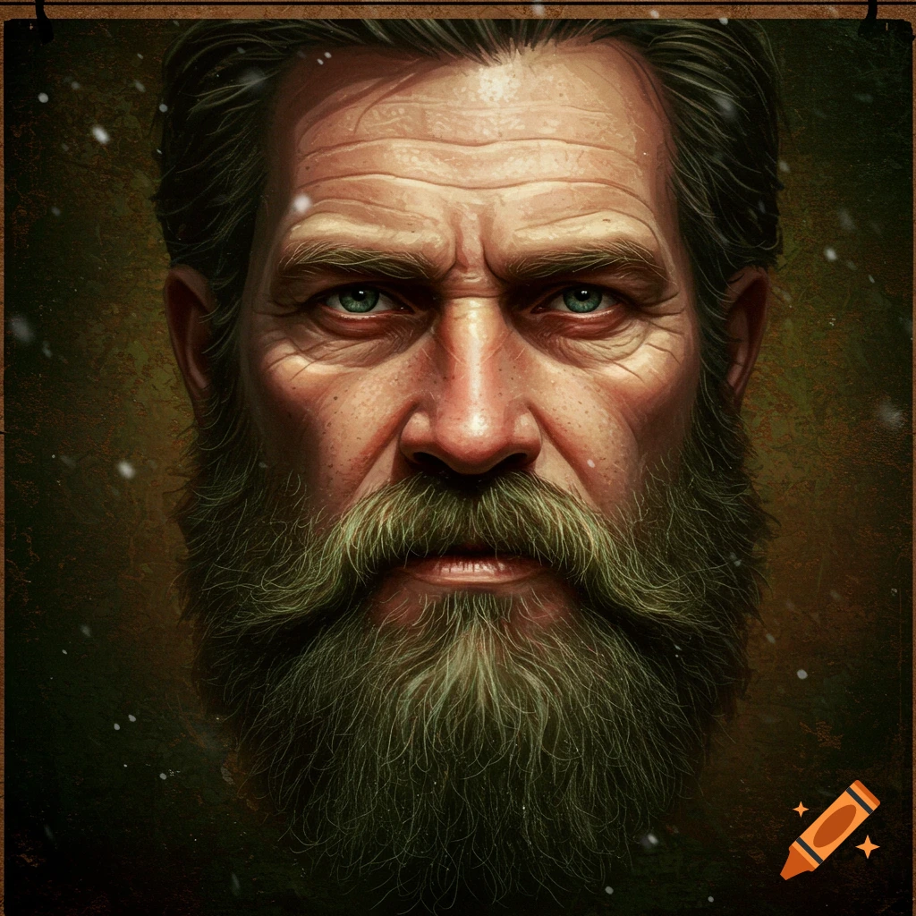 Close-up portrait illustration of a rugged man with a prominent beard and mustache, with light snow falling.