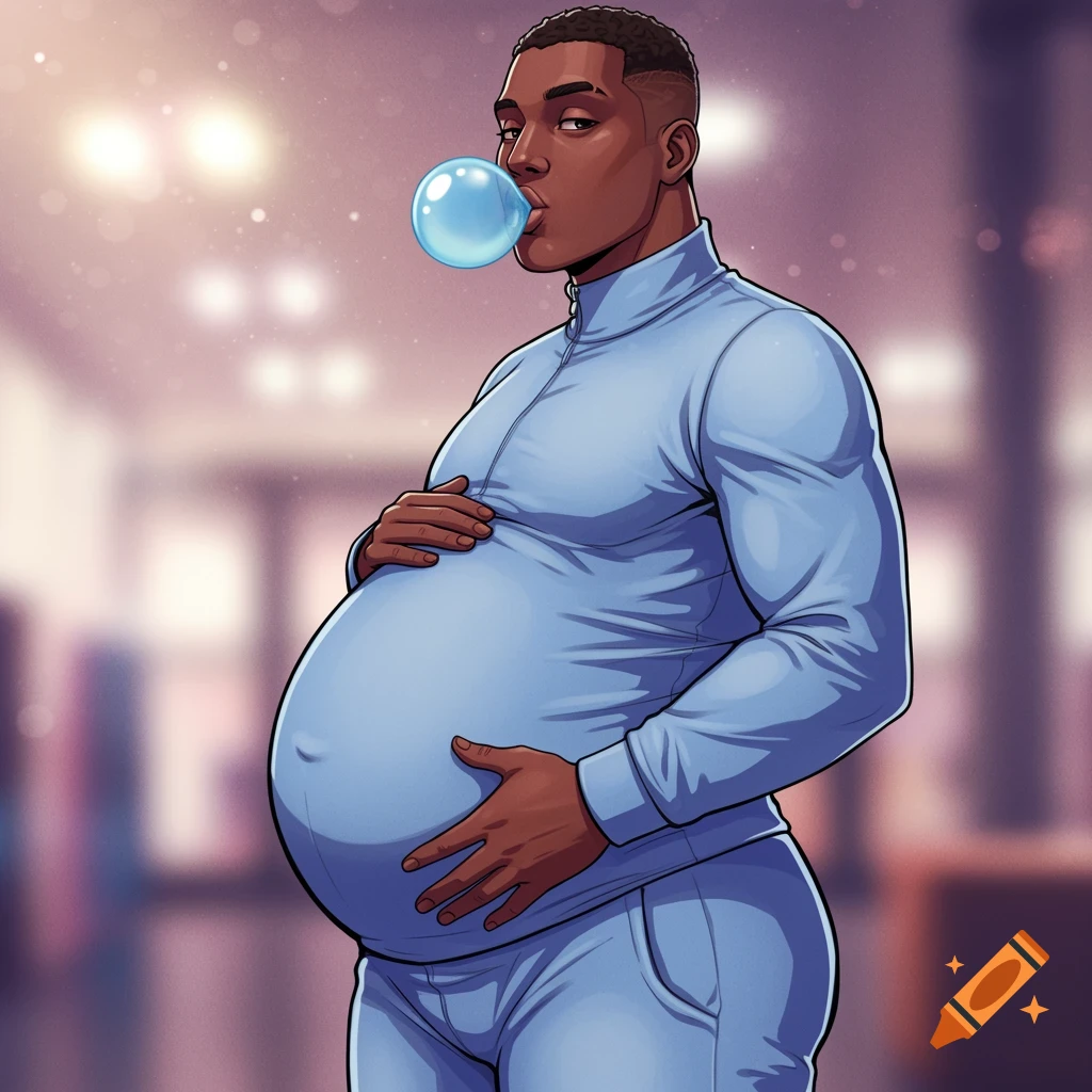 An anime-style Black man with a pregnant belly, wearing a light blue tracksuit, blows a bubblegum bubble.