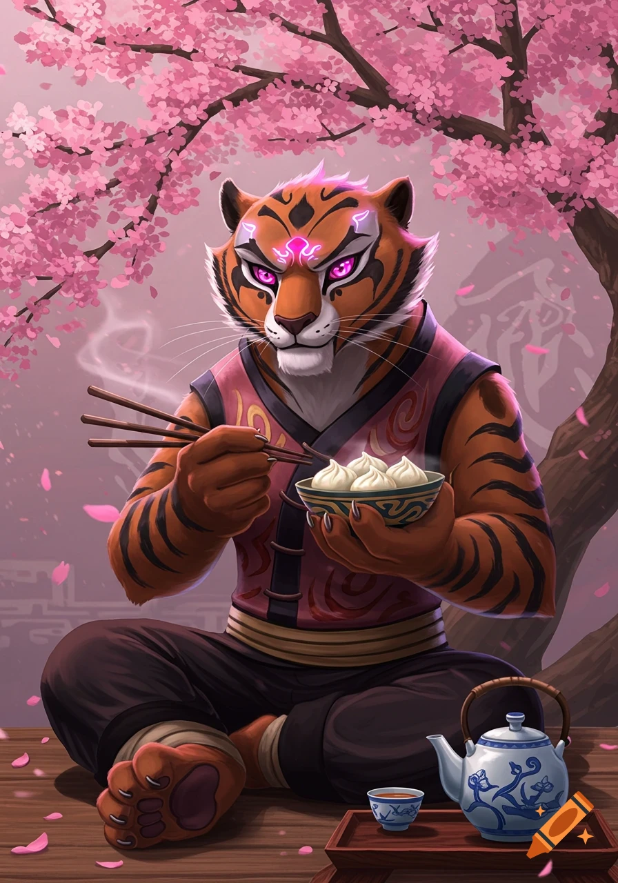 A stylized tiger character in traditional attire sits under a cherry blossom tree, eating dumplings with chopsticks, with a teapot and cup nearby.