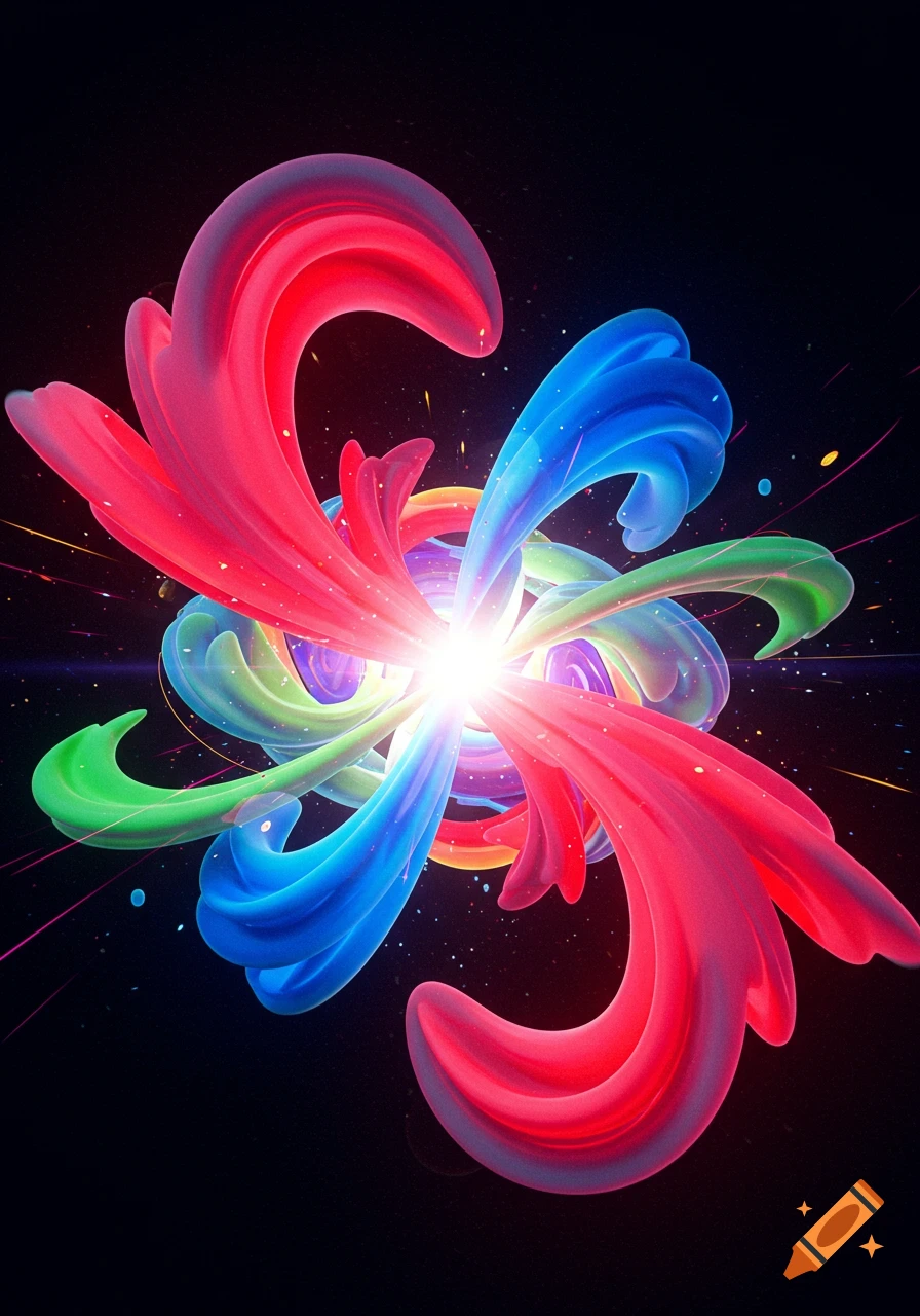 A vibrant abstract composition of flowing, intertwined shapes in red, blue, green, and purple, radiating light from the center against a dark background.