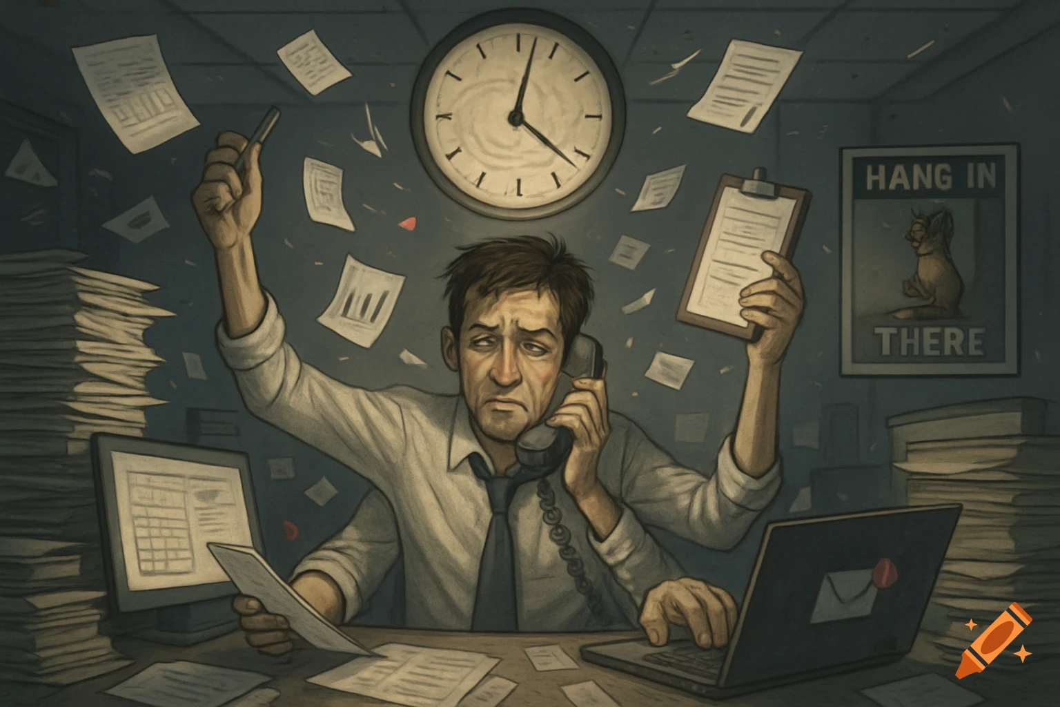 Illustration of a multi-armed, overwhelmed man on the phone and working at a messy office desk, surrounded by flying papers, with a 'Hang In There' poster.