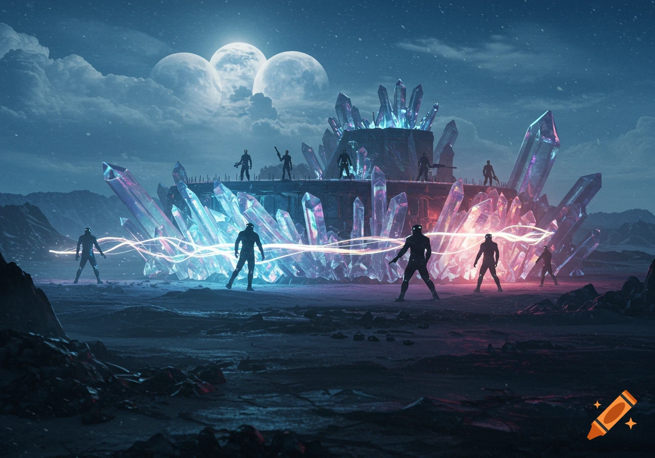 Futuristic armored figures on an alien planet with glowing crystal structures and energy streams under a multi-moon sky. Photorealistic sci-fi.